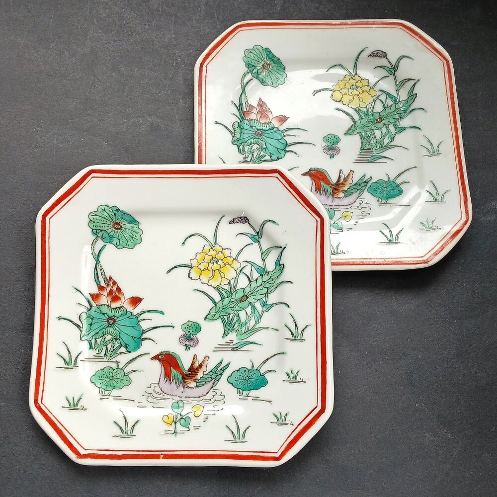 VTG Asian Hand Painted for Holt Renfrew 2 Square Porcelain Plates Rare Imari